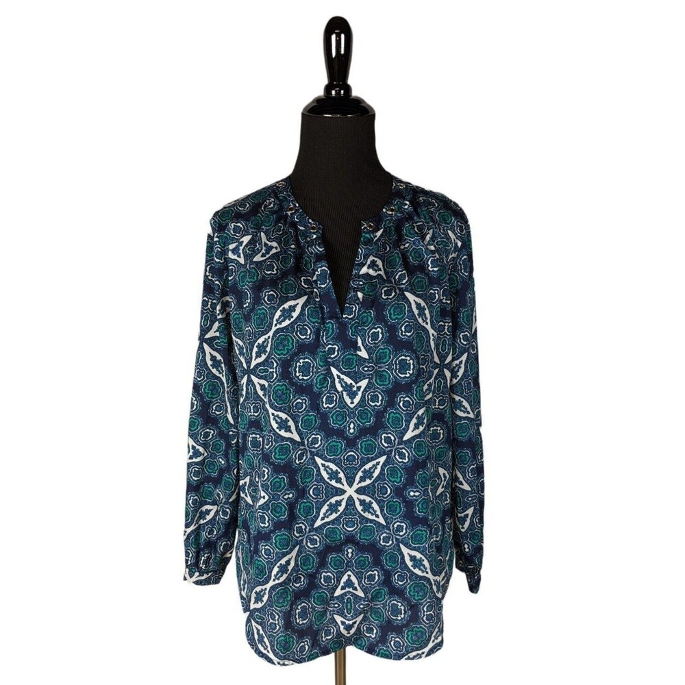 New York & Company Teal Blue Tile Medallion Long Sleeve V-Neck Blouse Size M